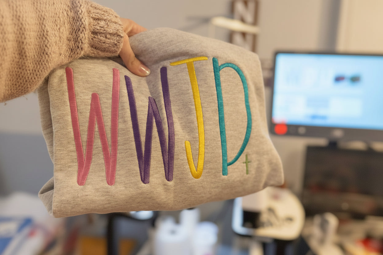 grey sweatshirt with colorful 'WWJD' letters held by a person in an indoor setting.